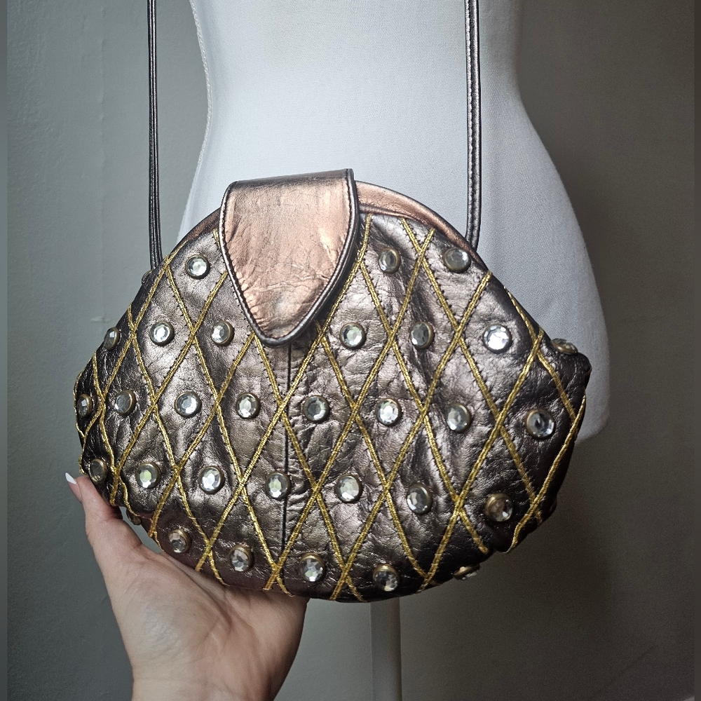 Vintage Leather Metallic Bronze Quilted Crossbody Bag with Stud Details